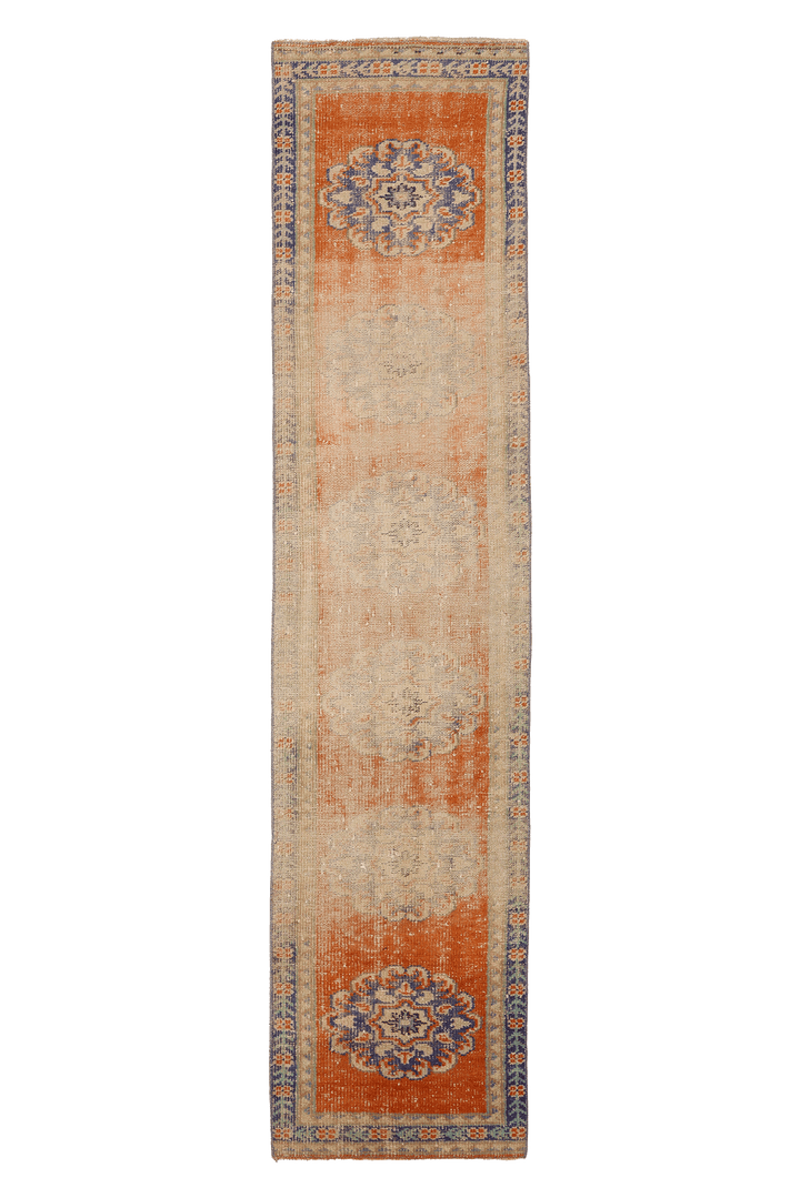 Vintage Manisa Turkish Runner Rug 2x10 ft — Orange & Beige Floral (No. 29454)