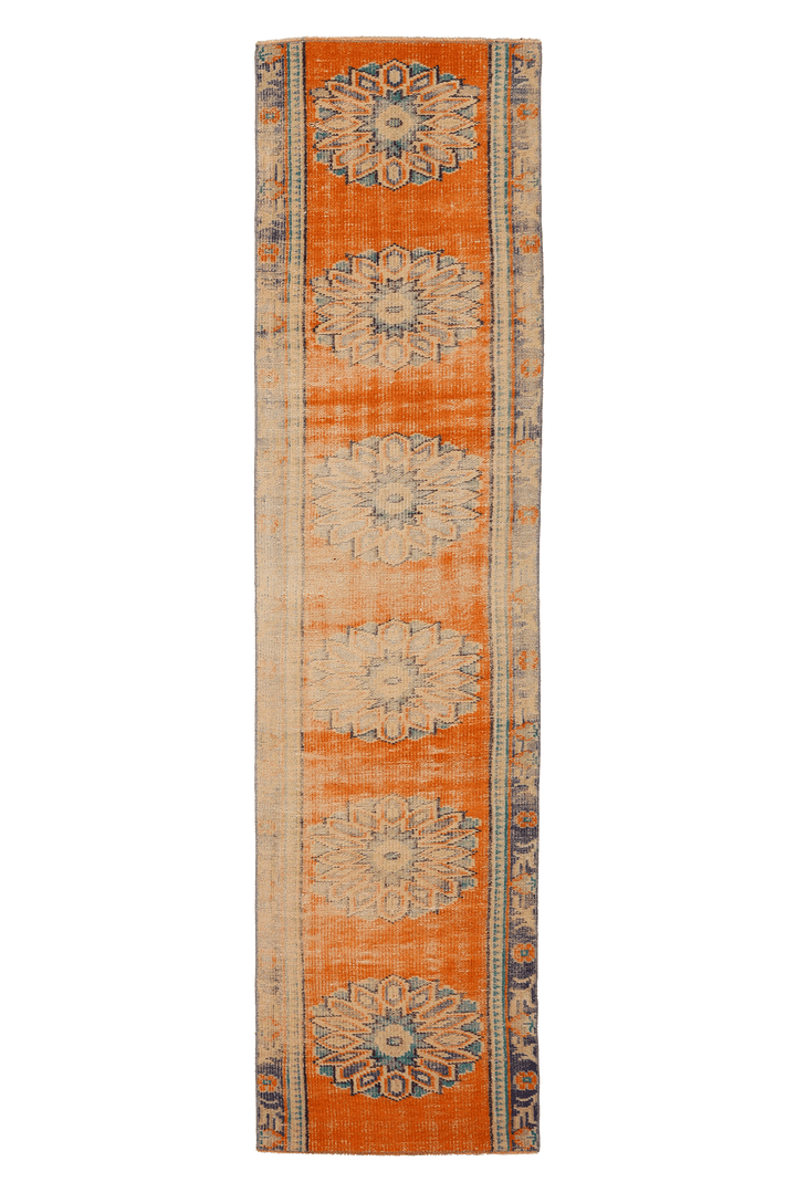 Vintage Manisa Turkish Runner Rug 2x9 ft — Orange & Beige Floral