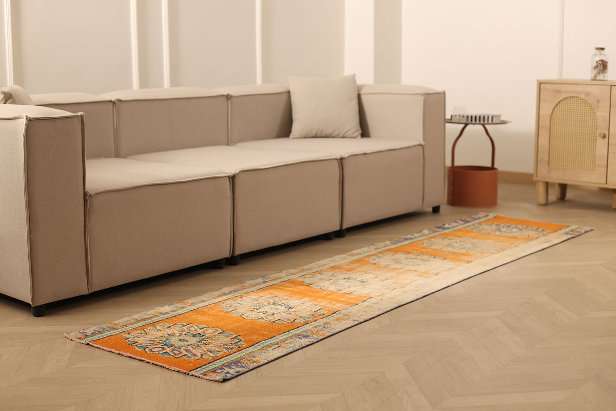 Vintage Manisa Turkish Runner Rug 2x9 ft — Orange & Beige Floral
