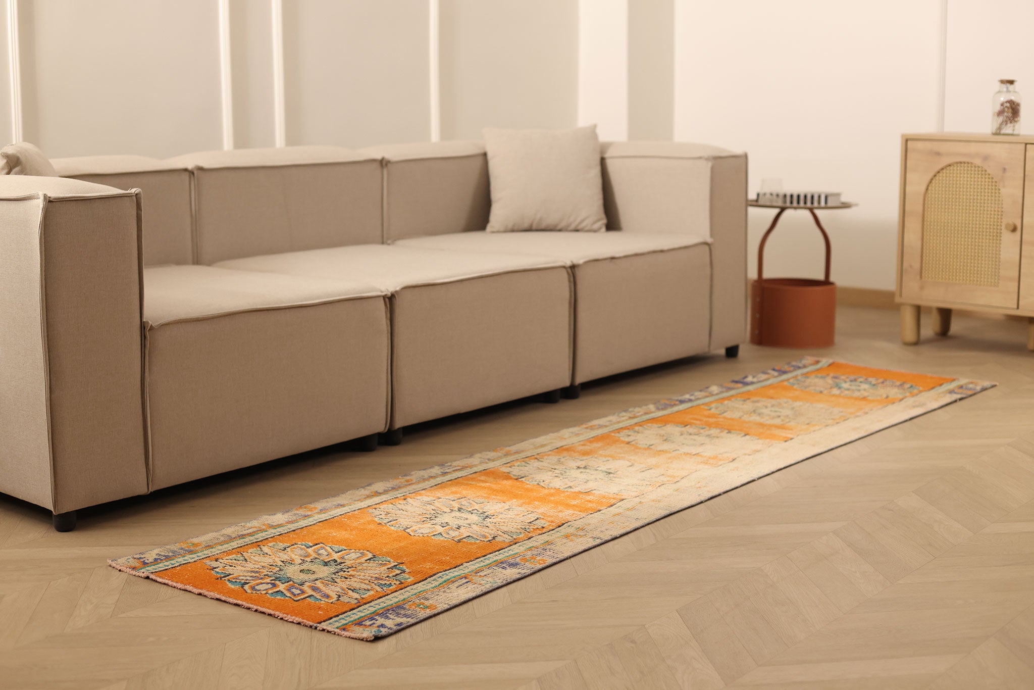 Vintage Manisa Turkish Runner Rug 2x9 ft — Orange & Beige Floral