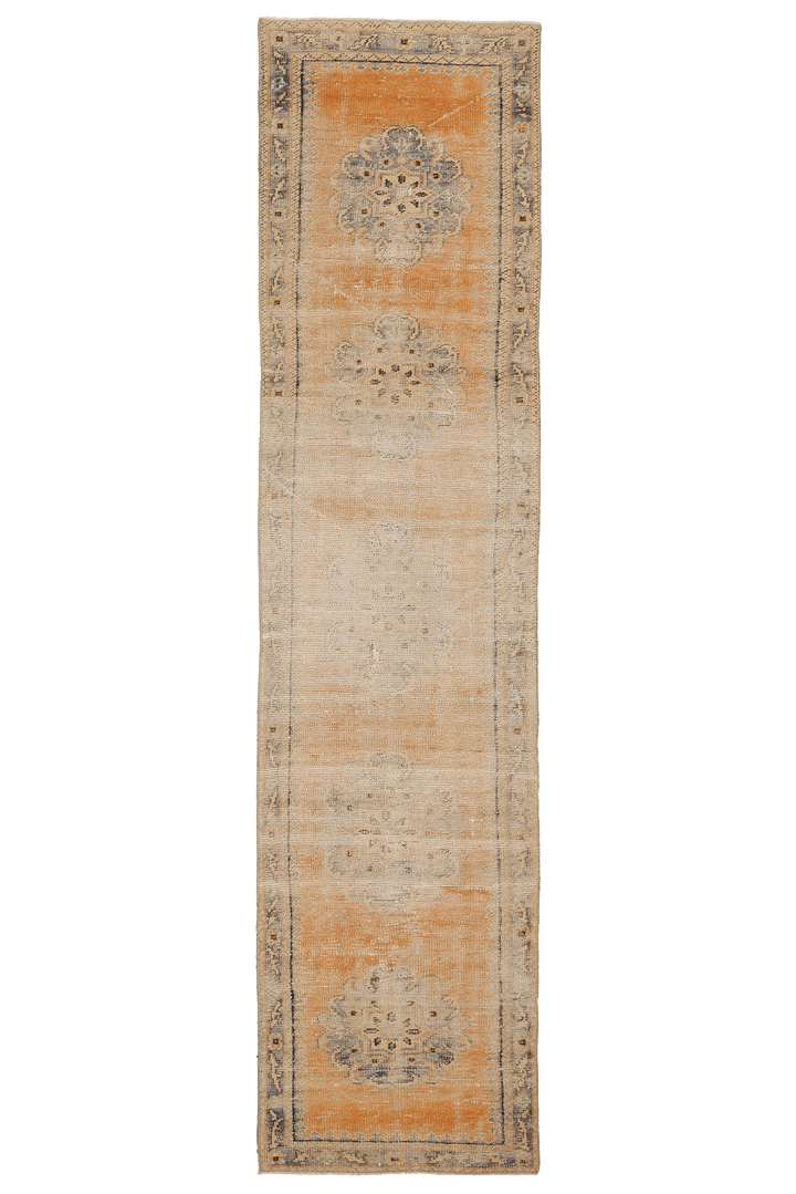 Vintage Manisa Turkish Runner Rug 2x10 ft — Orange & Beige Floral