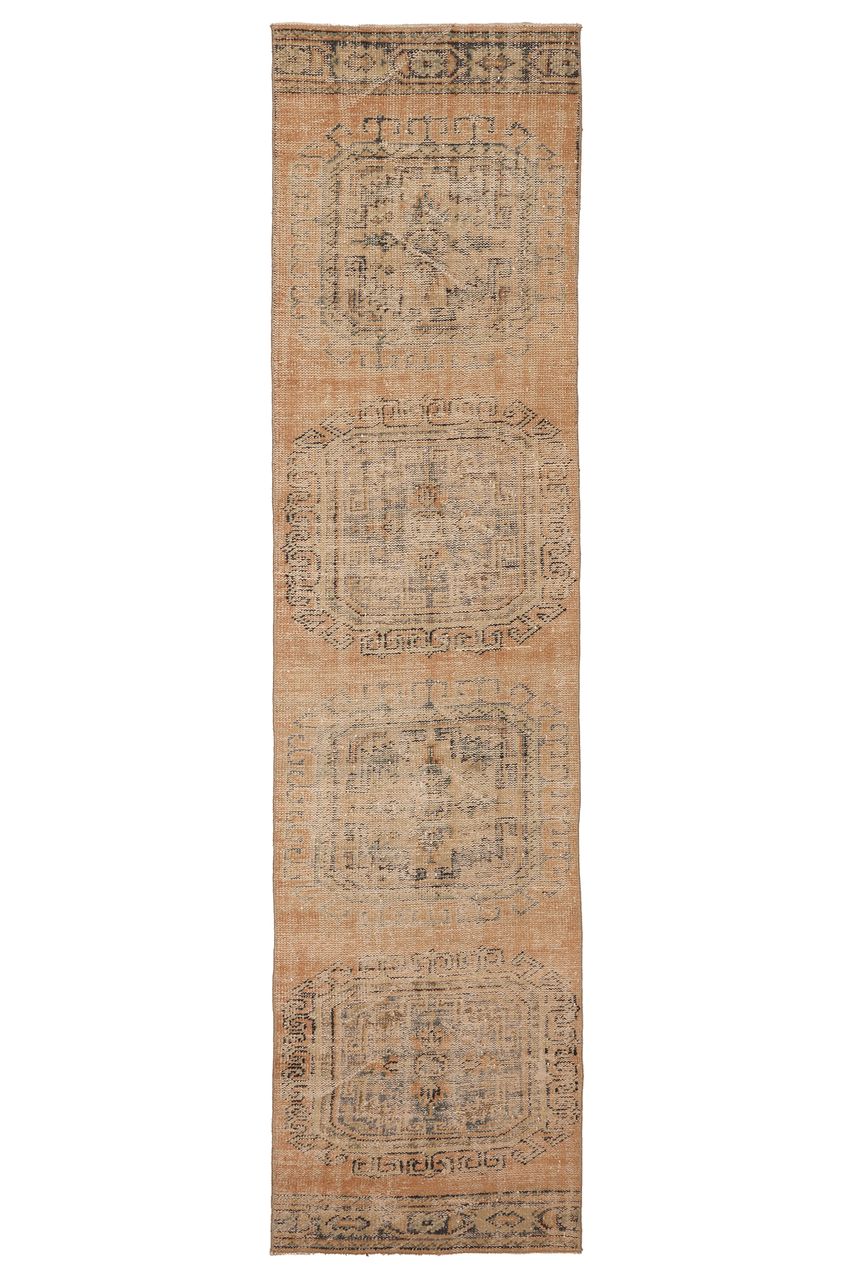 Vintage Manisa Turkish Runner Rug 2x11 ft — Orange & Beige Geometric