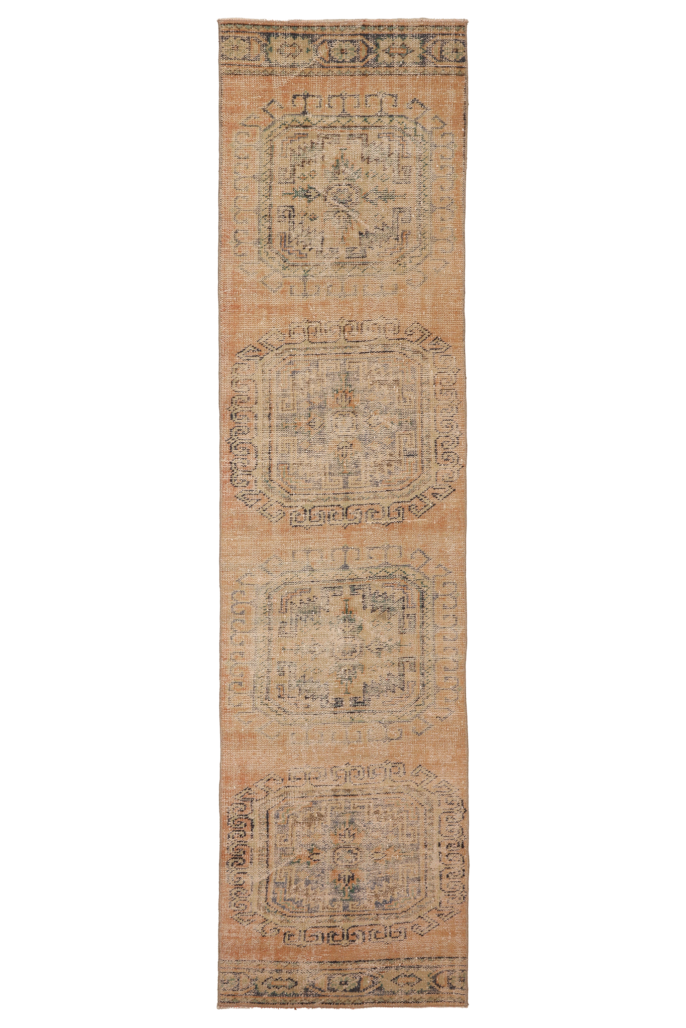 Vintage Manisa Turkish Runner Rug 2x11 ft — Orange & Beige Geometric
