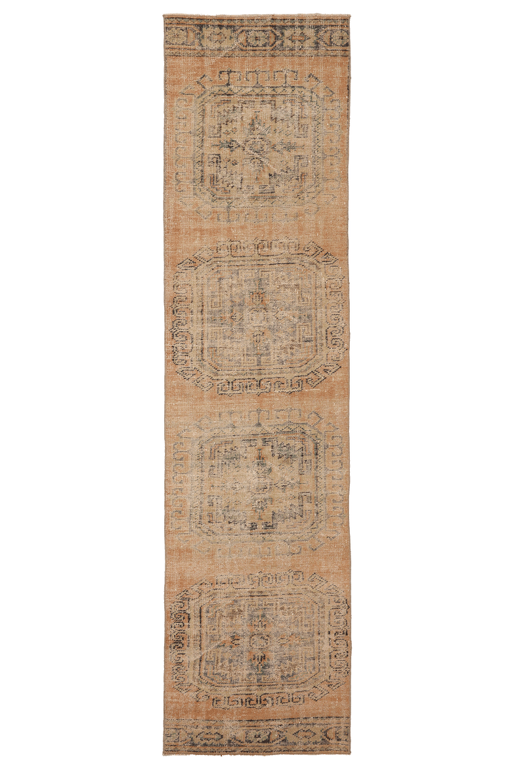 Vintage Manisa Turkish Runner Rug 2x11 ft — Orange & Beige Geometric