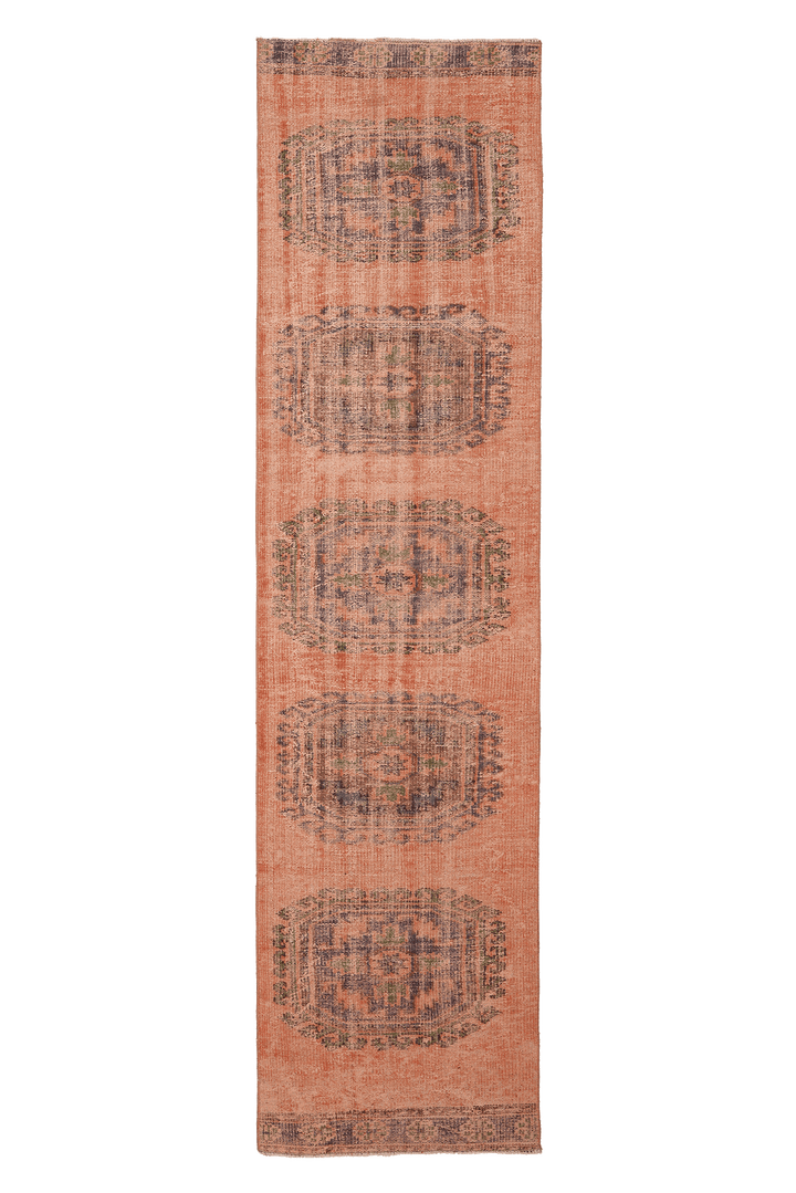 Vintage Konya Turkish Runner Rug 3x12 ft — Orange & Blue Geometric