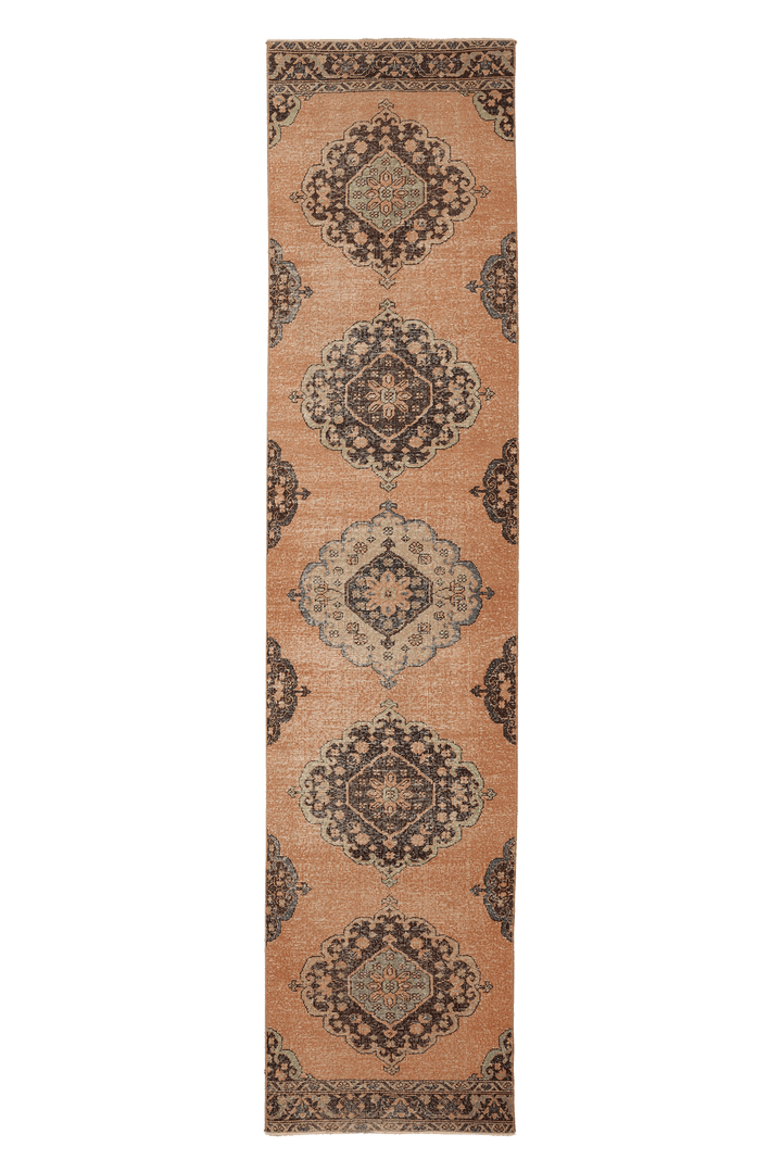 Vintage Konya Turkish Runner Rug 3x9 ft — Orange & Brown Floral