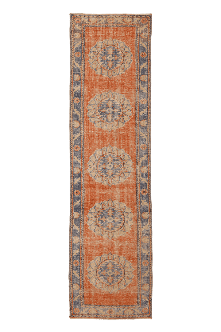 Vintage Manisa Turkish Runner Rug 3x10 ft — Orange & Blue Floral