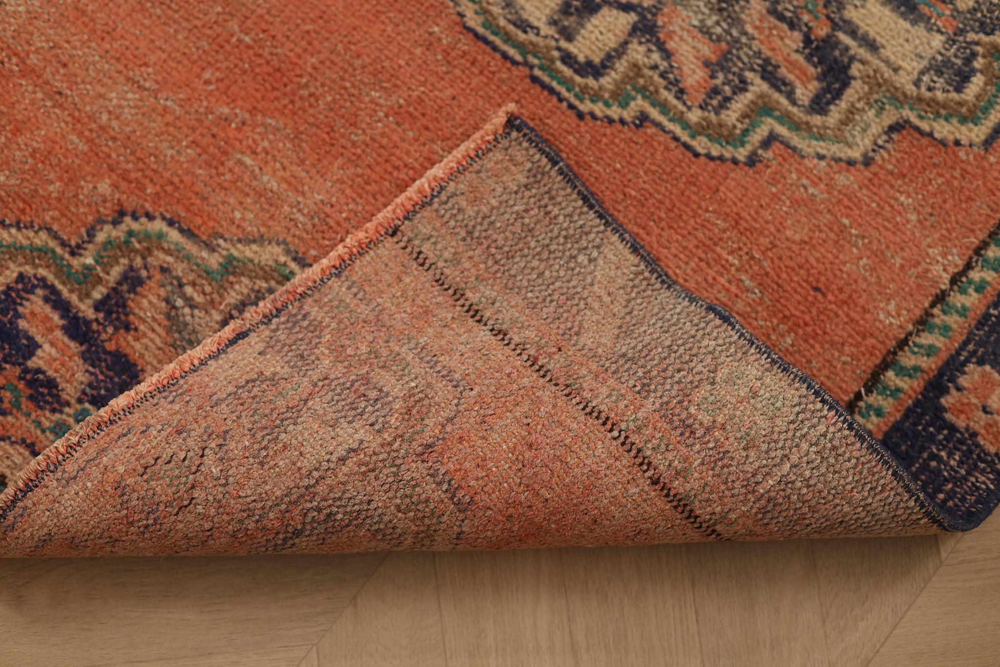 Vintage Manisa Turkish Runner Rug 2x9 ft — Orange & Blue Geometric