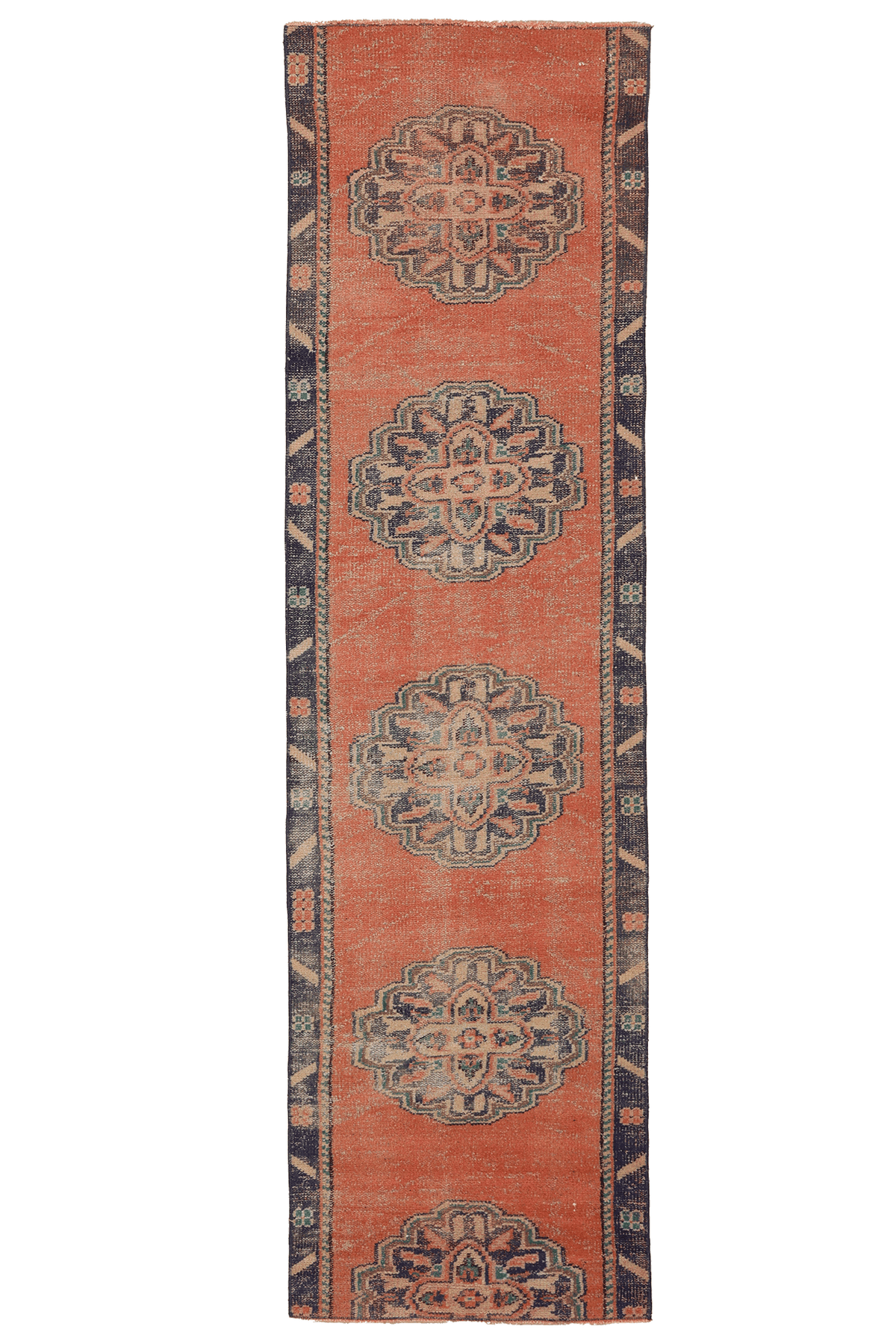 Vintage Manisa Turkish Runner Rug 2x9 ft — Orange & Blue Geometric