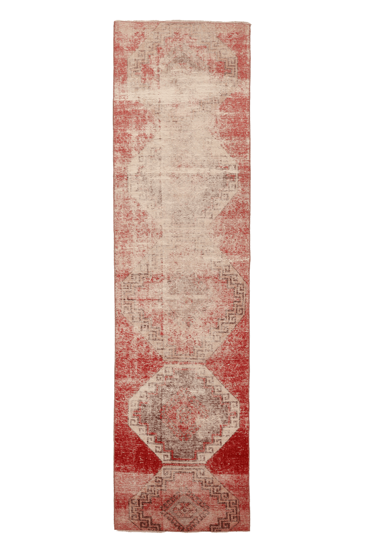 Vintage Malatya Turkish Runner Rug 2x10 ft — Red & Beige Geometric