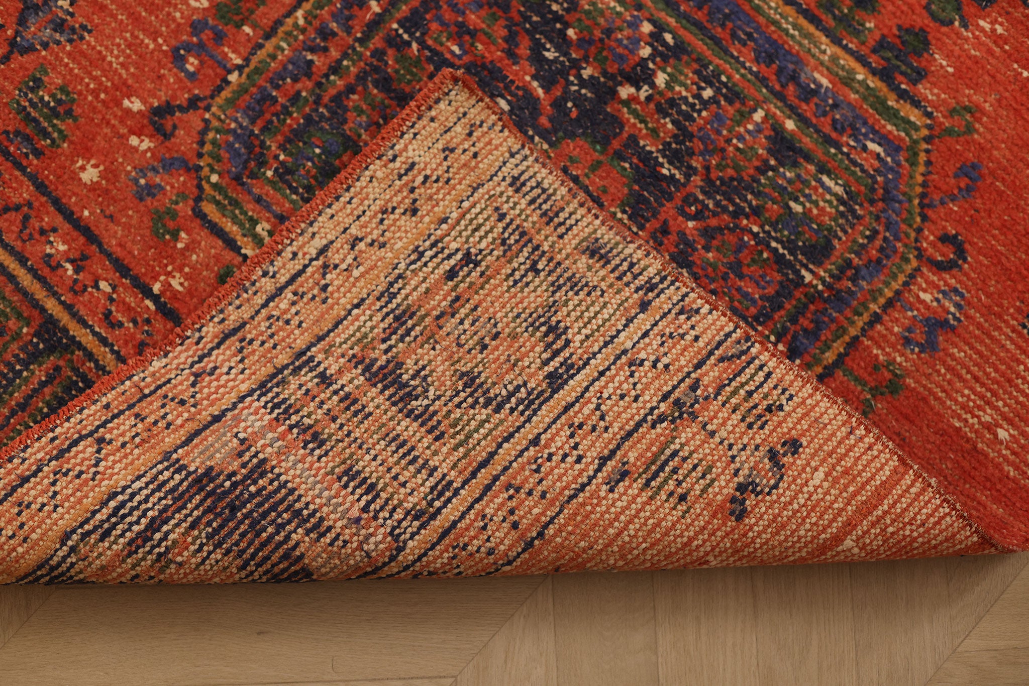 Vintage Konya Turkish Runner Rug 2x10 ft — Red & Blue Geometric