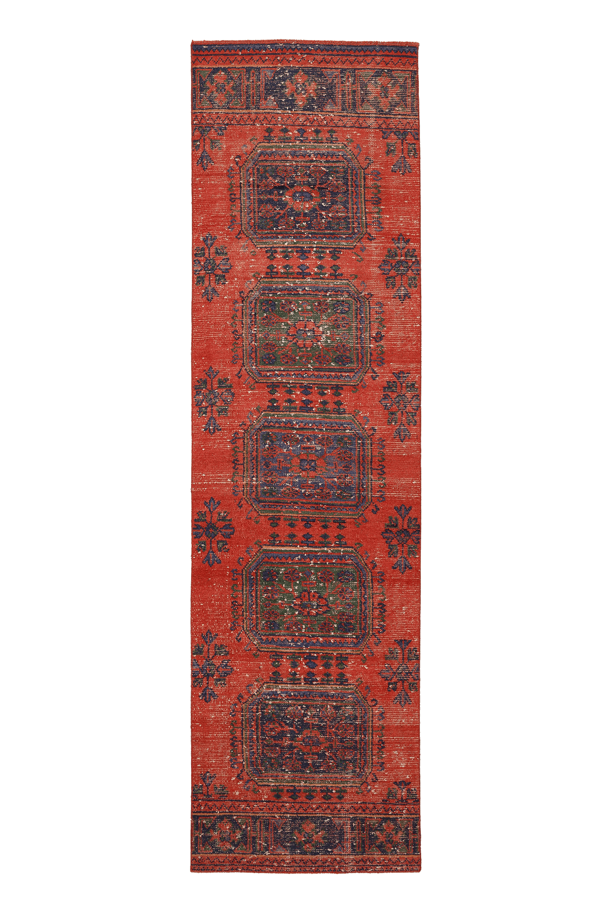 Vintage Konya Turkish Runner Rug 2x10 ft — Red & Blue Geometric