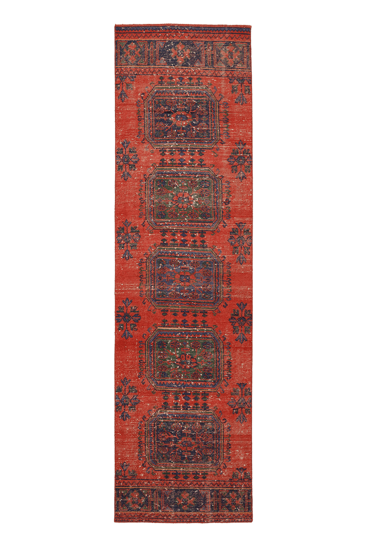 Vintage Konya Turkish Runner Rug 2x10 ft — Red & Blue Geometric
