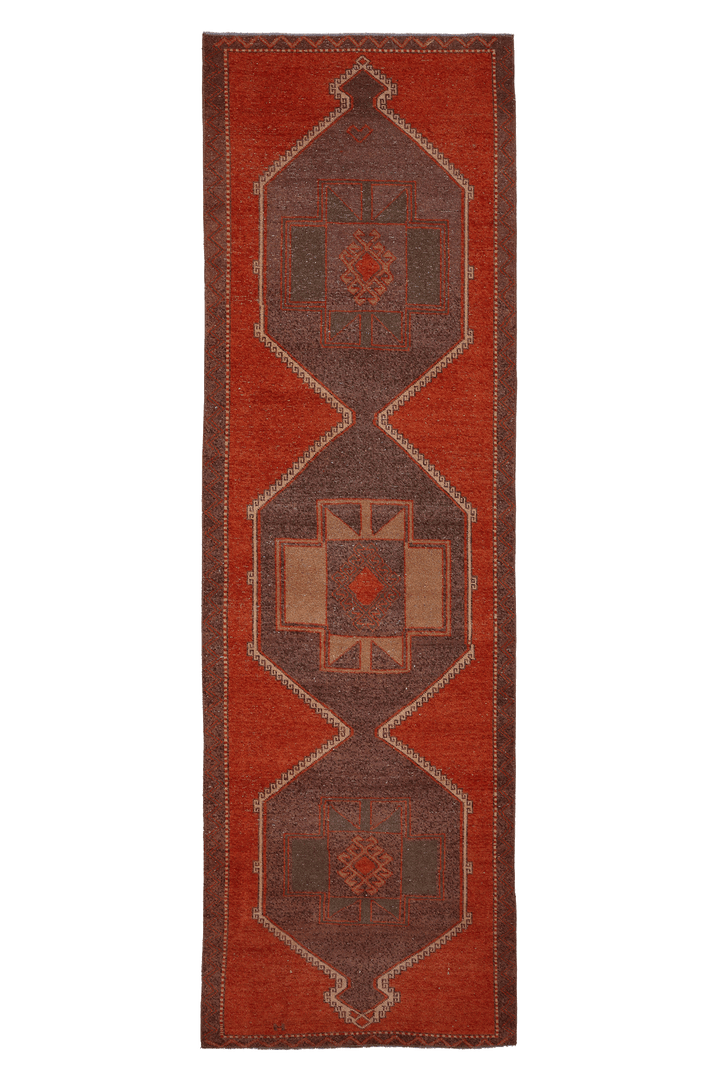 Vintage Malatya Turkish Runner Rug 3x12 ft — Red & Brown Geometric (No. 30205)