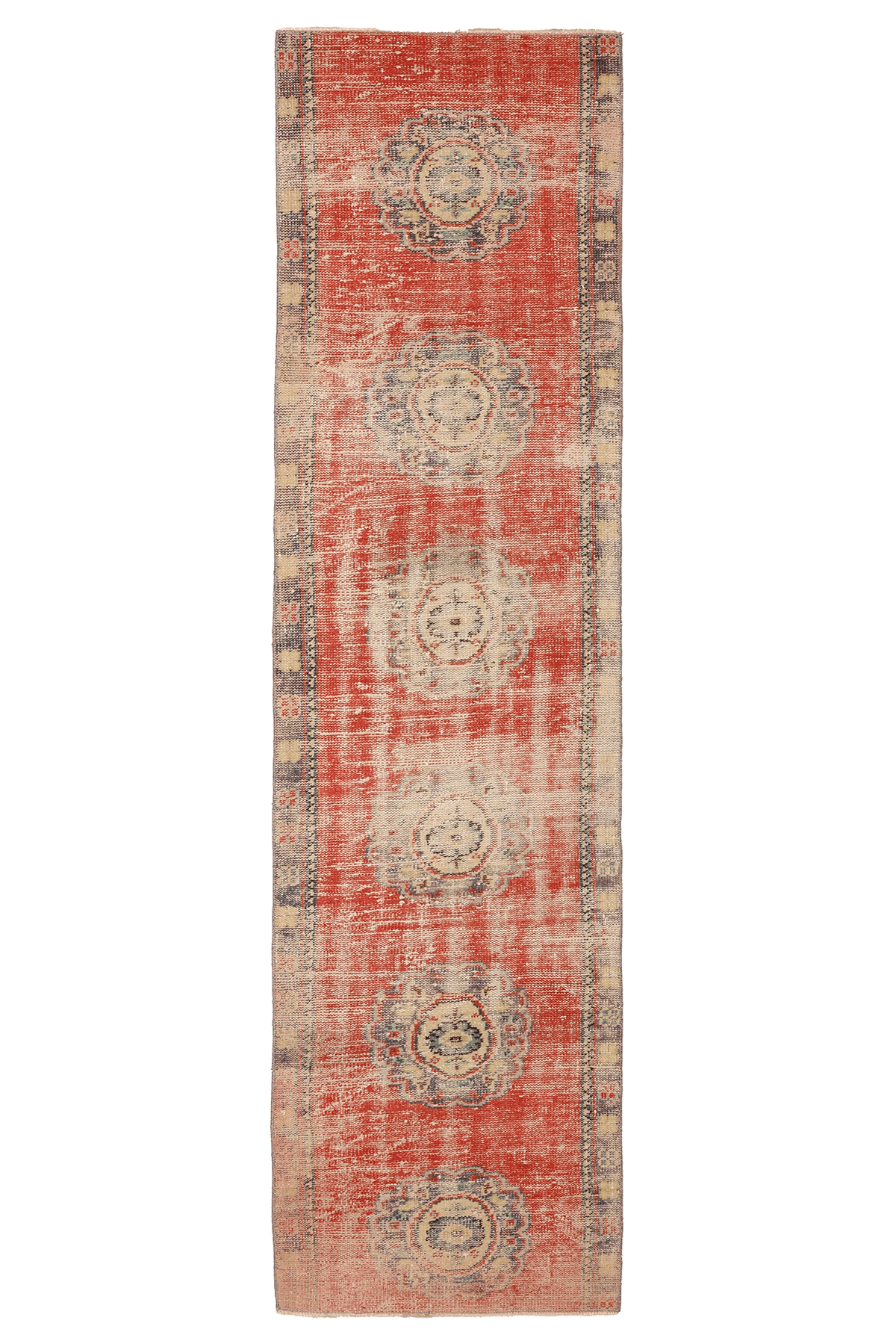 Vintage Manisa Turkish Runner Rug 2x9 ft — Red & Beige Distressed
