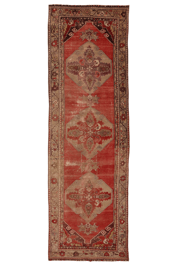 Vintage Kırşehir Turkish Runner Rug 3x10 ft — Red & Beige Floral
