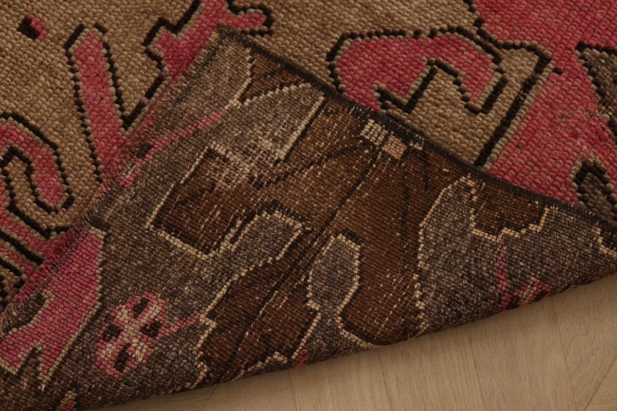 Vintage Kars Turkish Runner Rug 2x7 ft — Brown & Pink Geometric