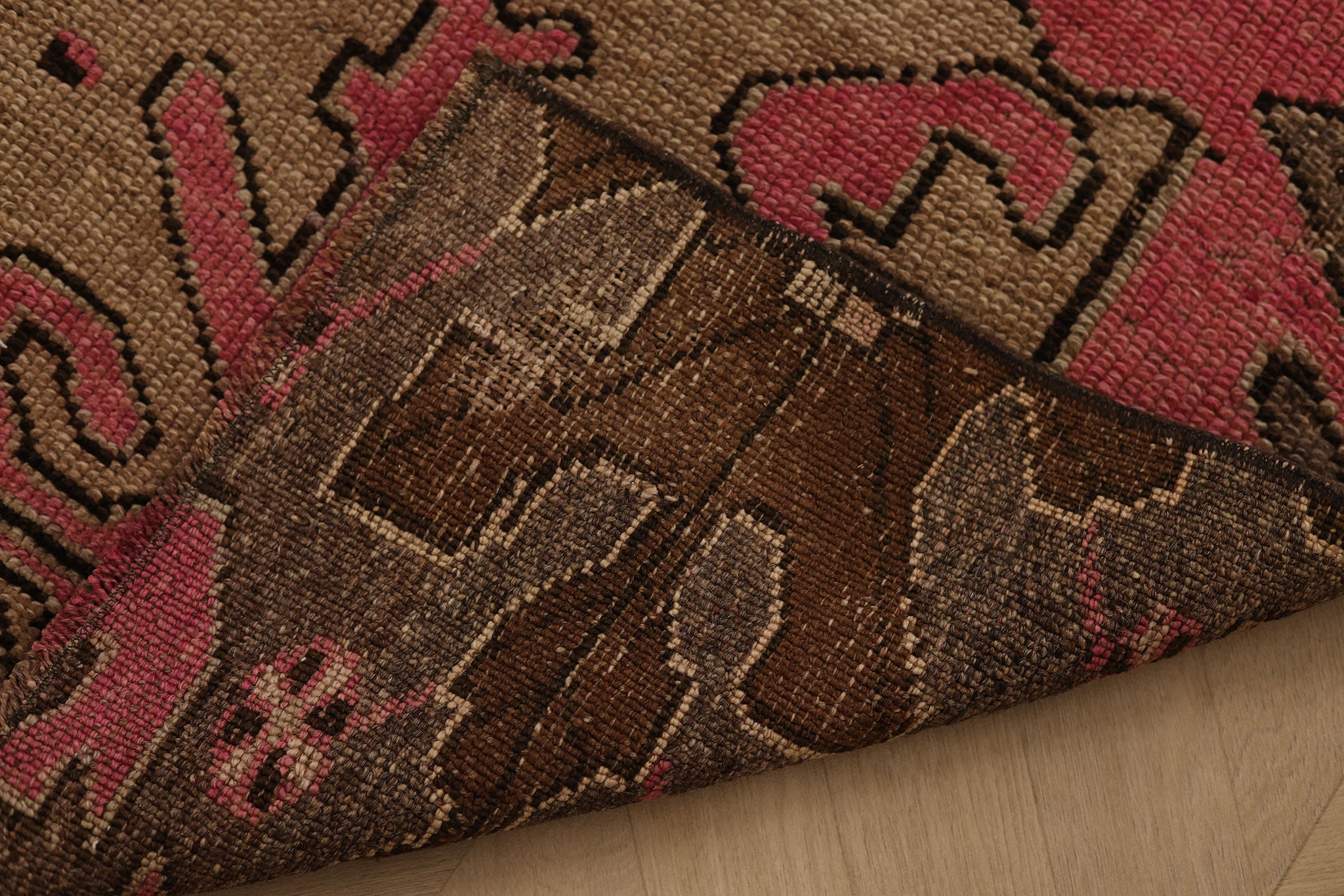 Vintage Kars Turkish Runner Rug 2x7 ft — Brown & Pink Geometric