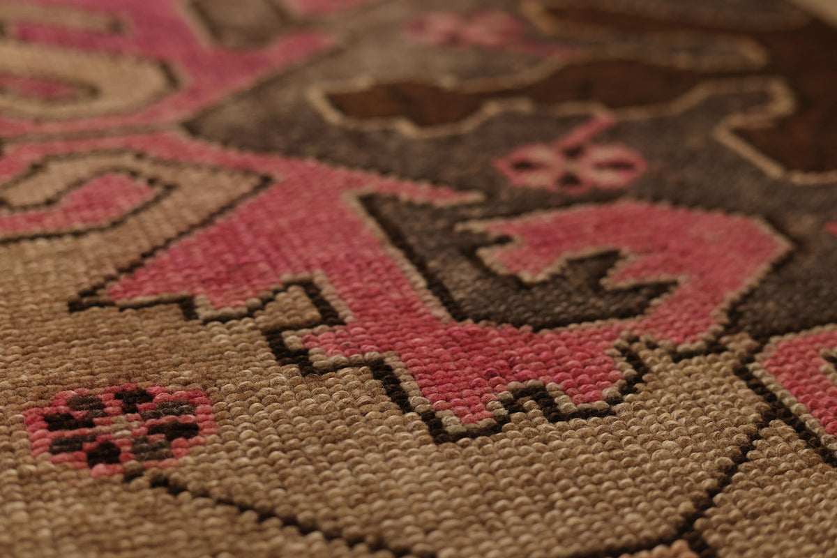 Vintage Kars Turkish Runner Rug 2x7 ft — Brown & Pink Geometric