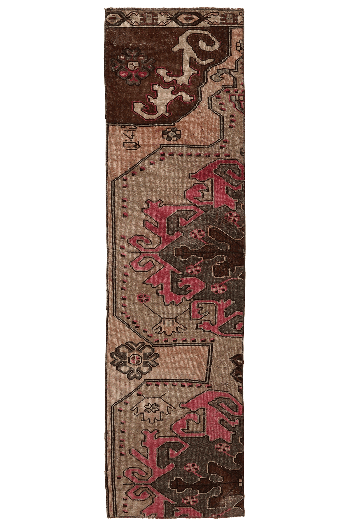 Vintage Kars Turkish Runner Rug 2x7 ft — Brown & Pink Geometric