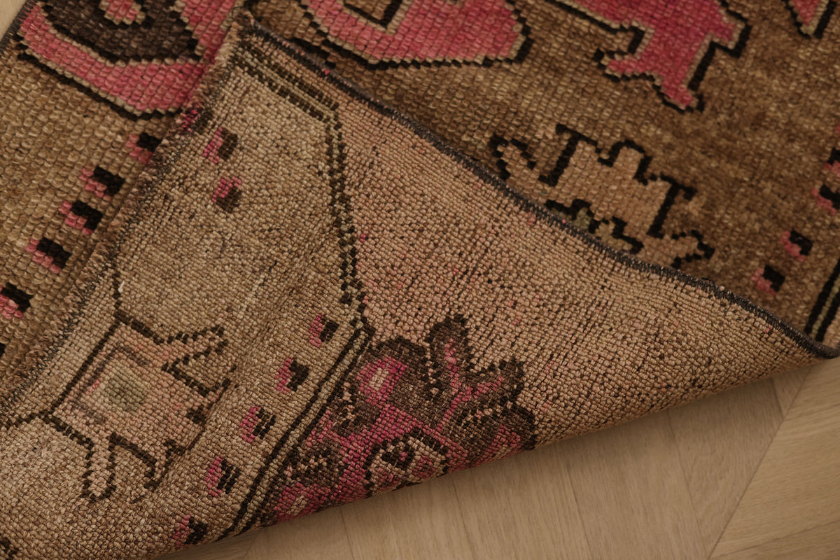 Vintage Kars Turkish Runner Rug 1x5 ft — Brown & Pink Geometric