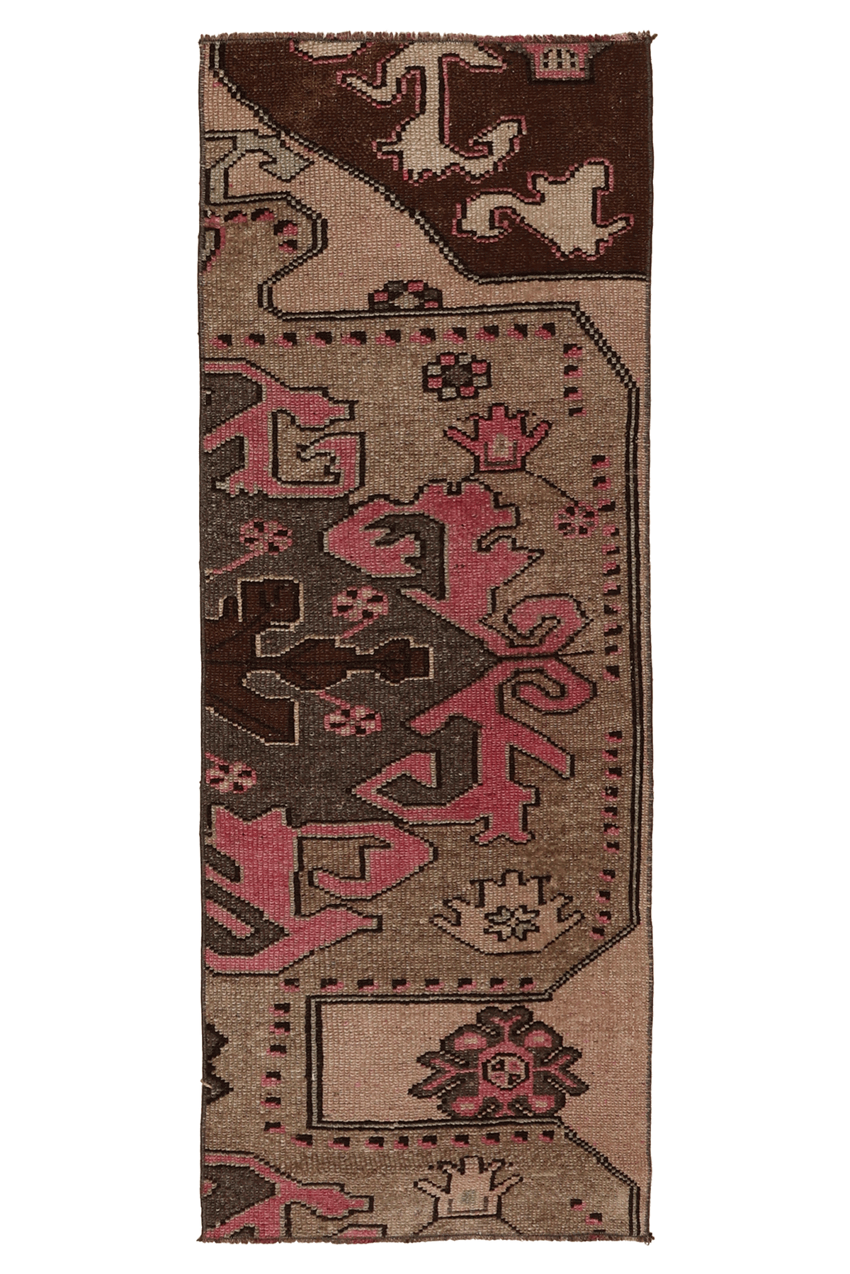 Vintage Kars Turkish Runner Rug 1x5 ft — Brown & Pink Geometric