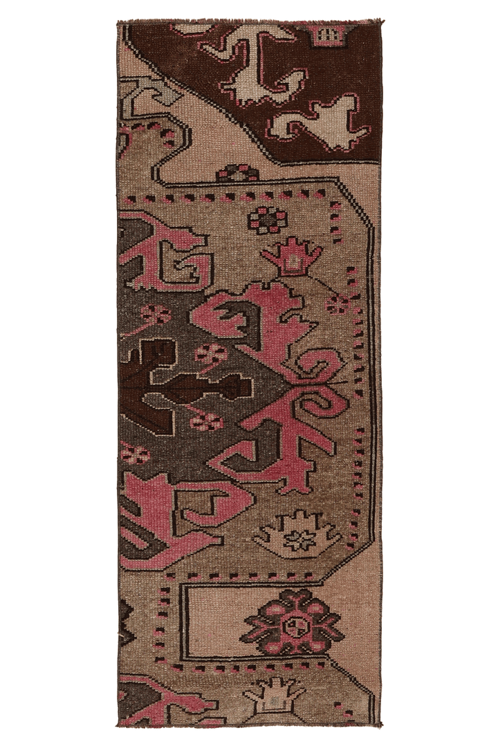 Vintage Kars Turkish Runner Rug 1x5 ft — Brown & Pink Geometric