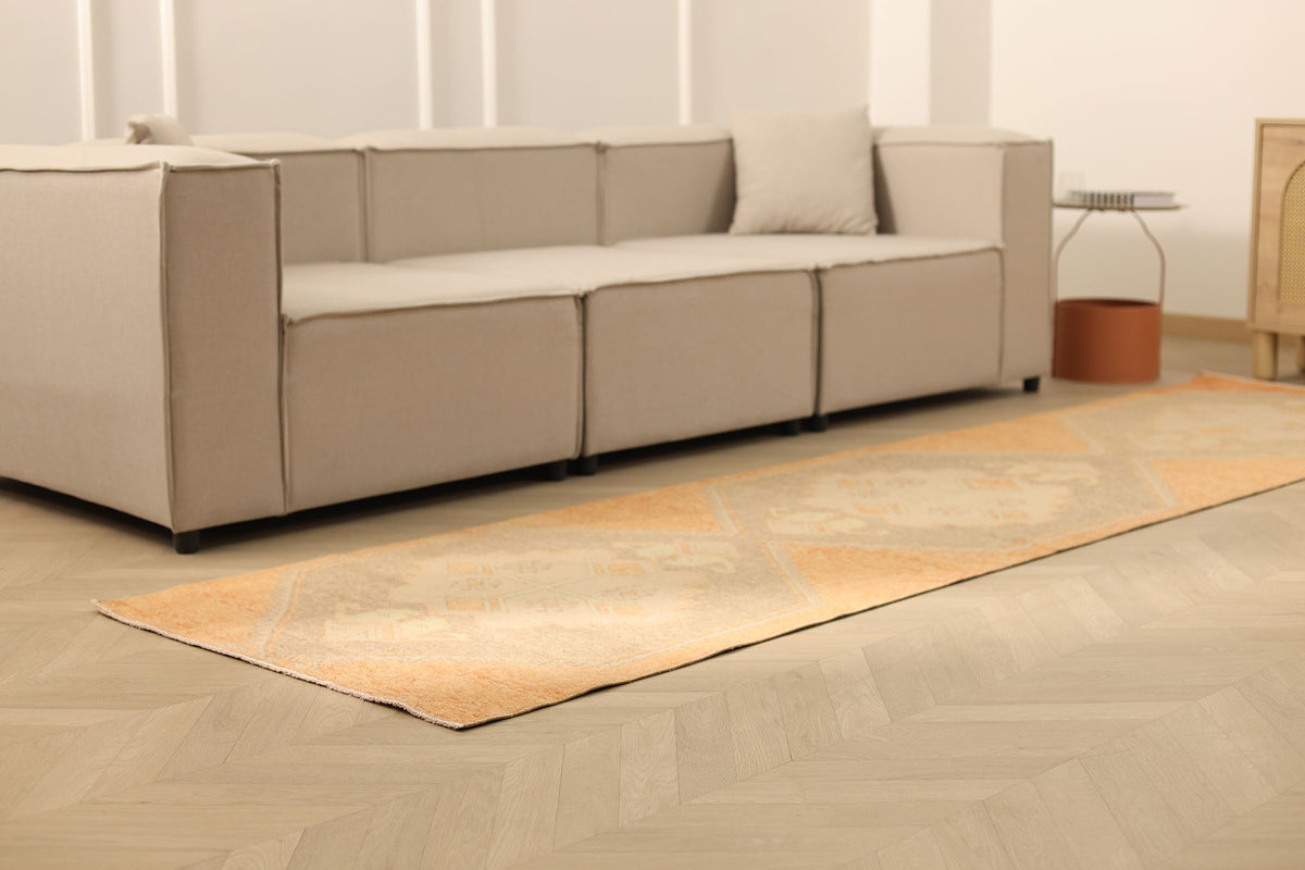 Vintage Malatya Turkish Runner Rug 3x11 ft — Orange & Beige Geometric