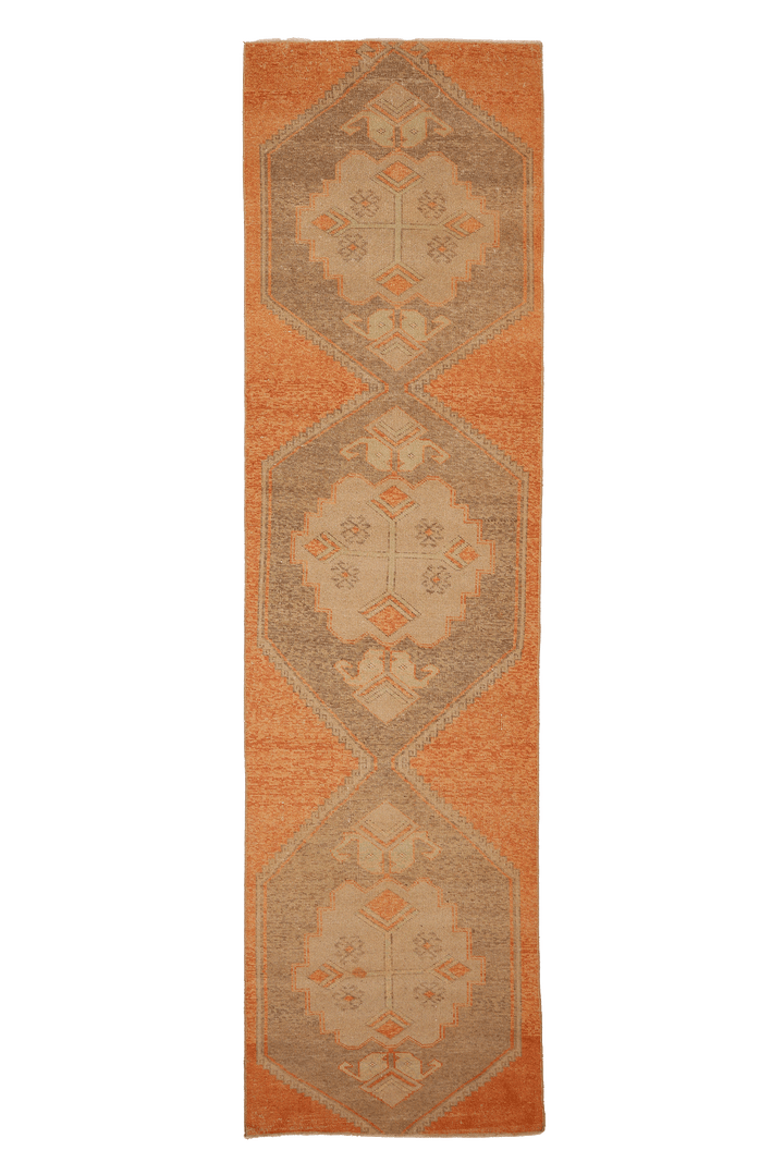 Vintage Malatya Turkish Runner Rug 3x11 ft — Orange & Beige Geometric