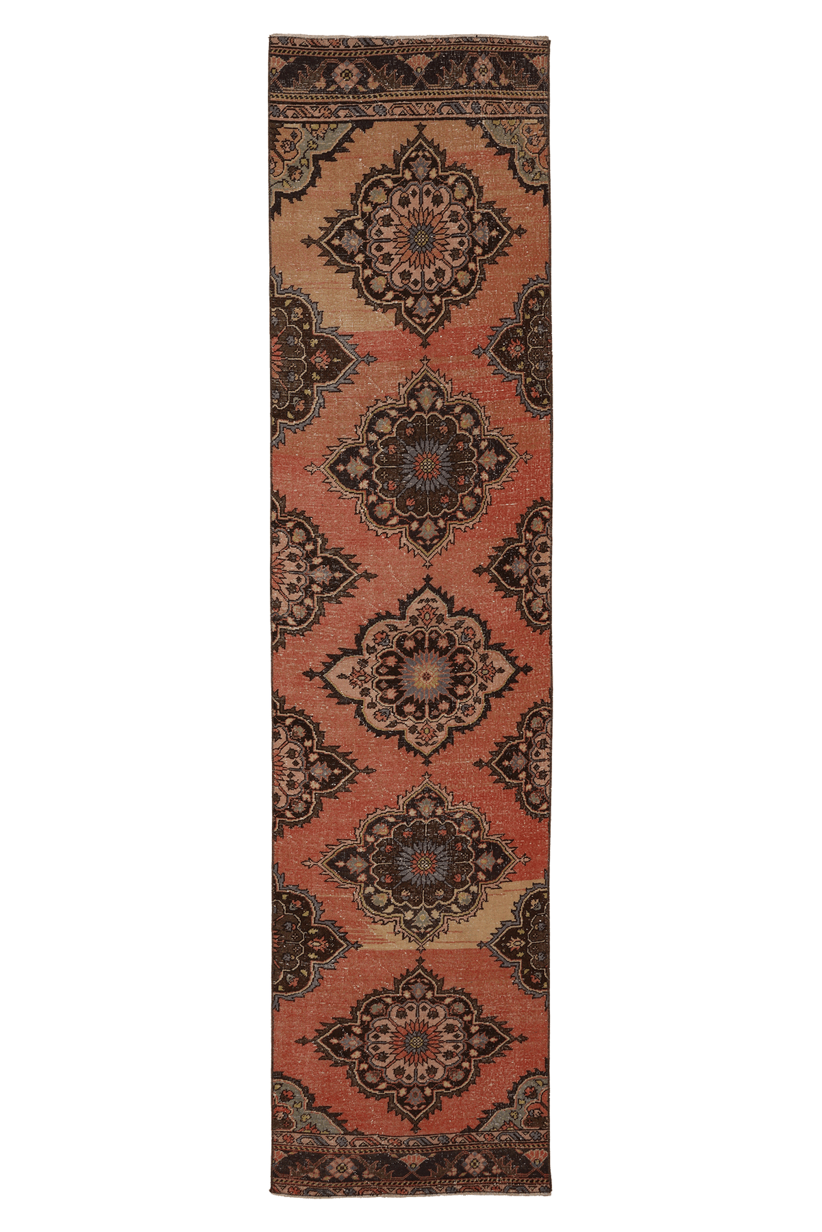 Vintage Konya Turkish Runner Rug 2x12 ft — Red & Brown Floral