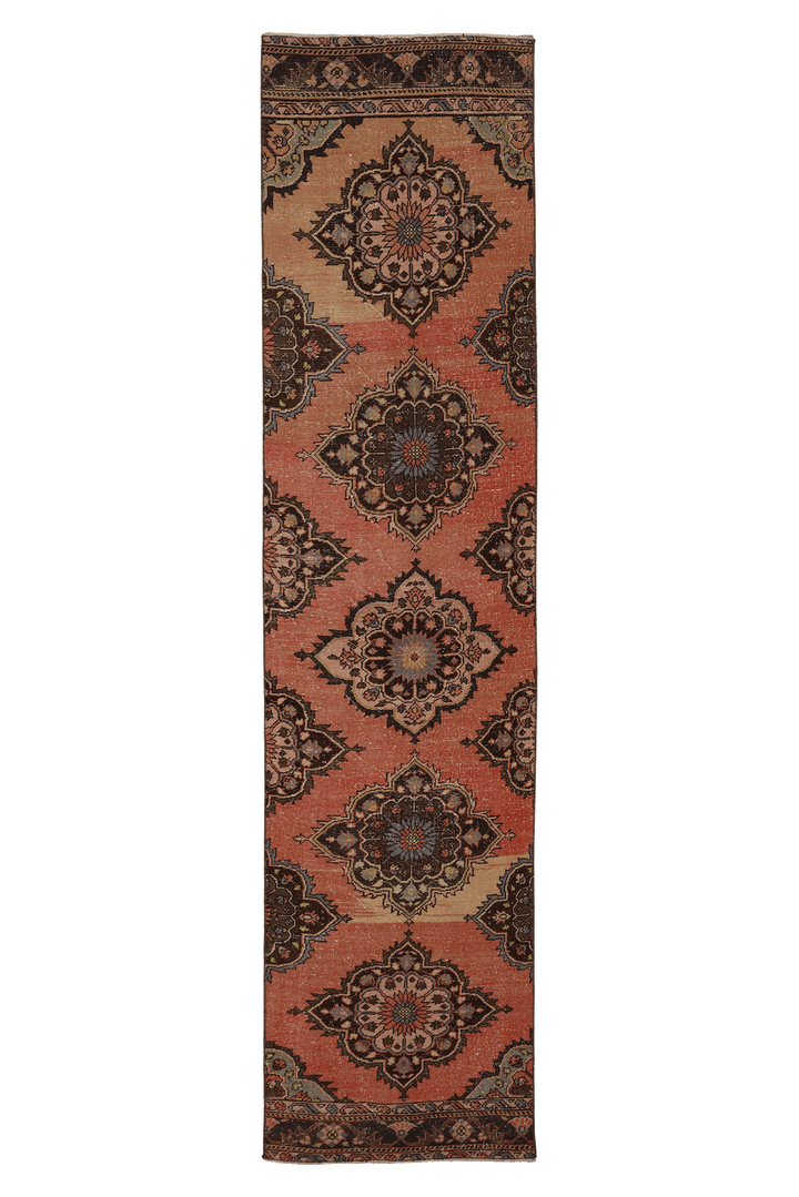 Vintage Konya Turkish Runner Rug 2x12 ft — Red & Brown Floral