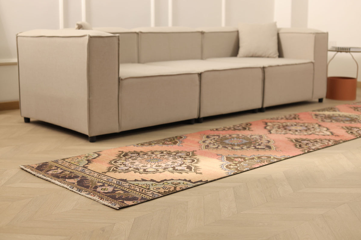 Vintage Konya Turkish Runner Rug 2x12 ft — Red & Brown Floral