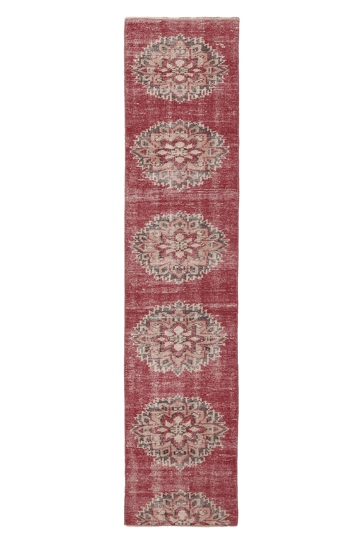 Vintage Manisa Turkish Runner Rug 2x7 ft — Red & Beige Distressed
