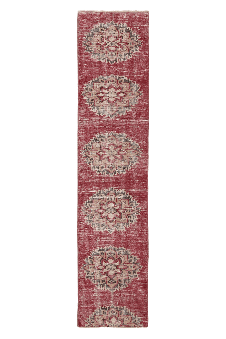 Vintage Manisa Turkish Runner Rug 2x7 ft — Red & Beige Distressed