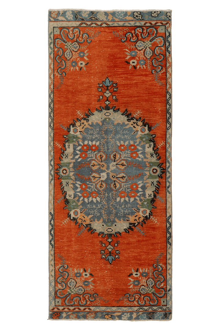 Vintage Kırşehir Turkish Runner Rug 2x6 ft — Orange & Blue Floral