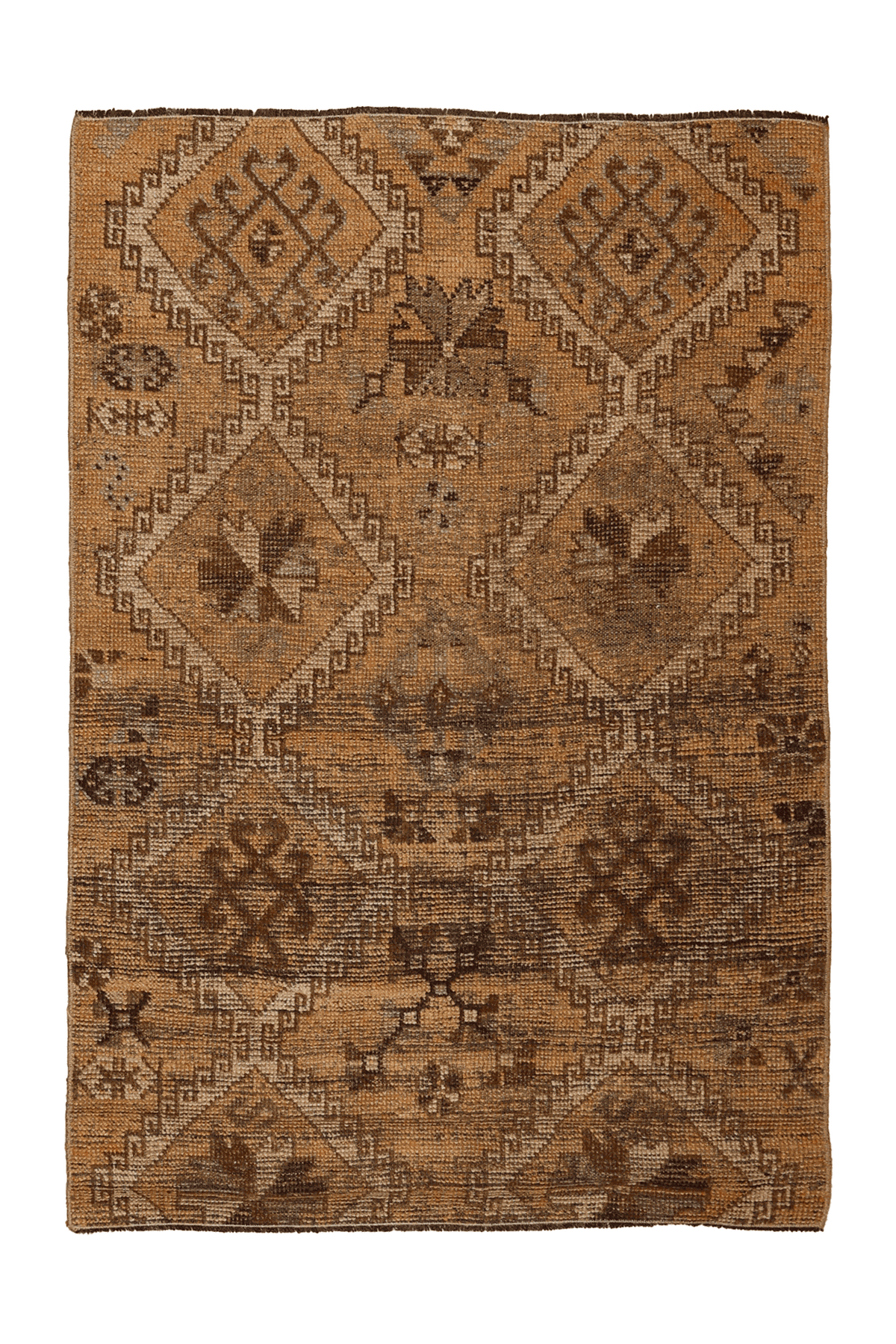 Vintage Gaziantep Turkish Area Rug 3x5 ft — Orange & Brown Geometric