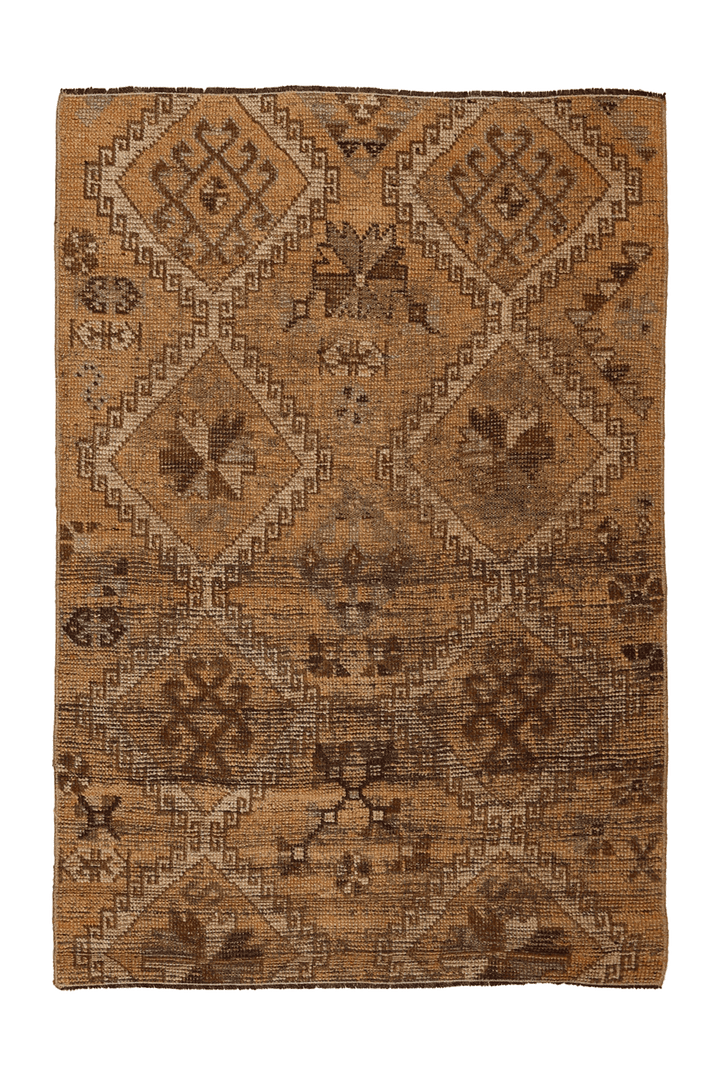 Vintage Gaziantep Turkish Area Rug 3x5 ft — Orange & Brown Geometric