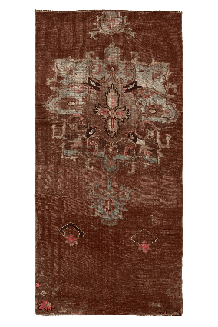 Vintage Kars Turkish Area Rug 3x6 ft — Brown & Red Floral