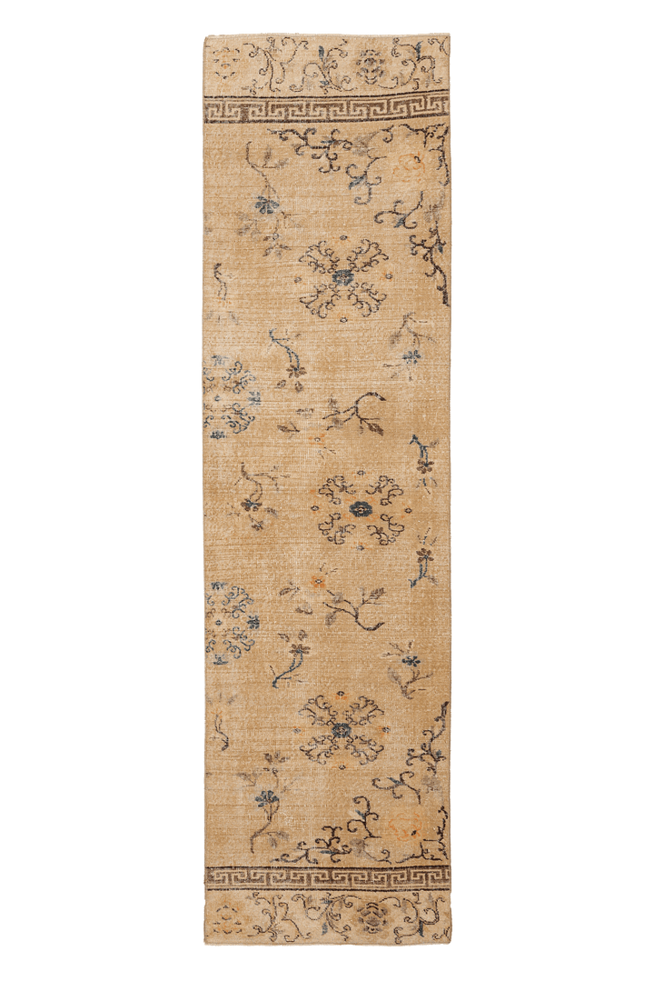 Vintage Isparta Turkish Runner Rug 2x10 ft — Beige & Brown Floral