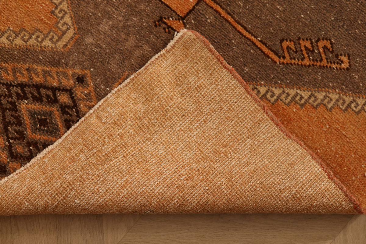Vintage Malatya Turkish Runner Rug 3x12 ft — Orange & Brown Geometric
