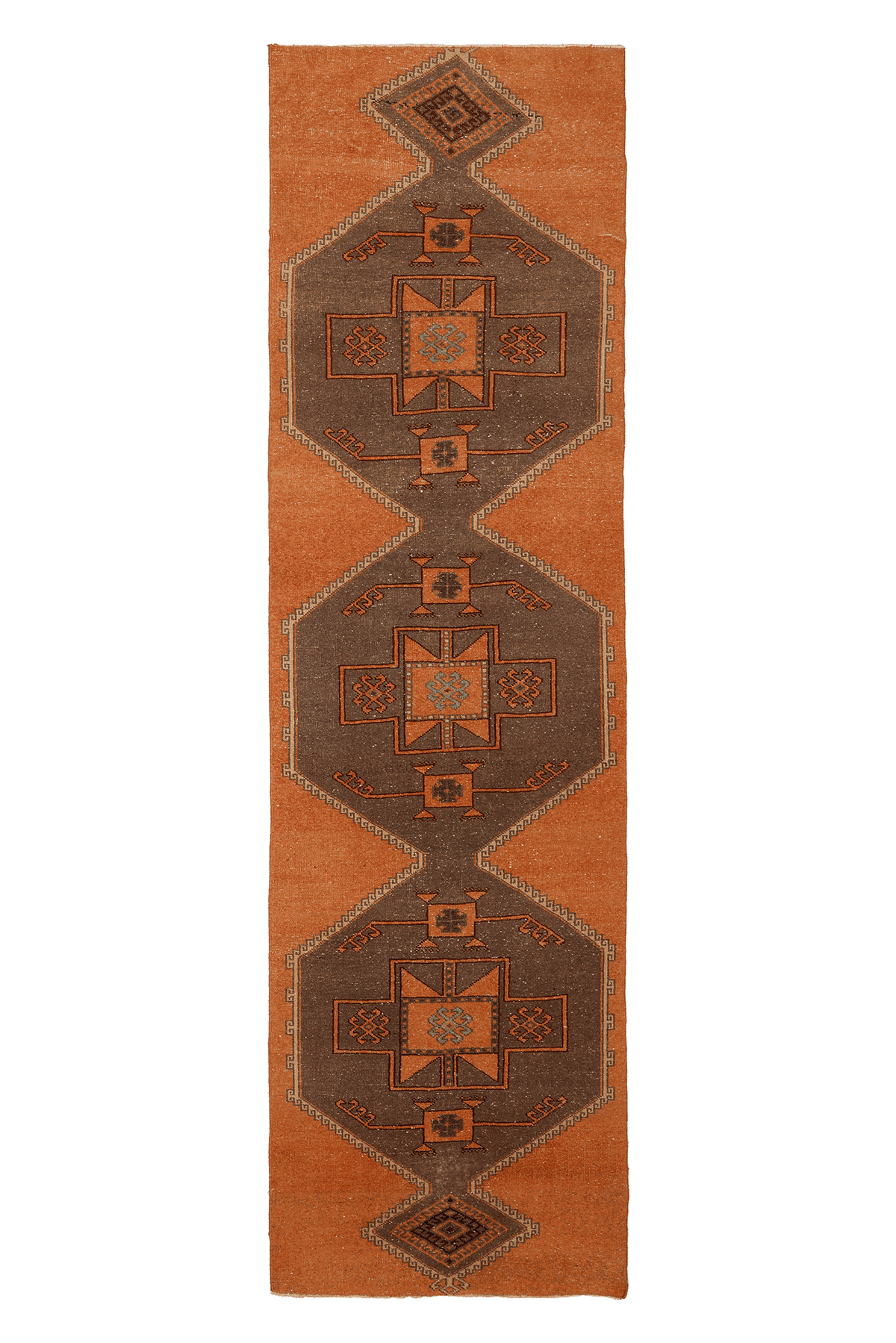 Vintage Malatya Turkish Runner Rug 3x12 ft — Orange & Brown Geometric