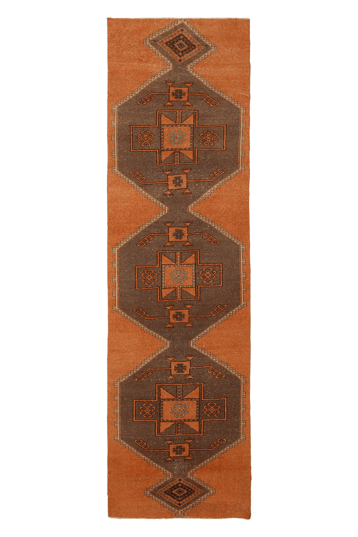 Vintage Malatya Turkish Runner Rug 3x12 ft — Orange & Brown Geometric
