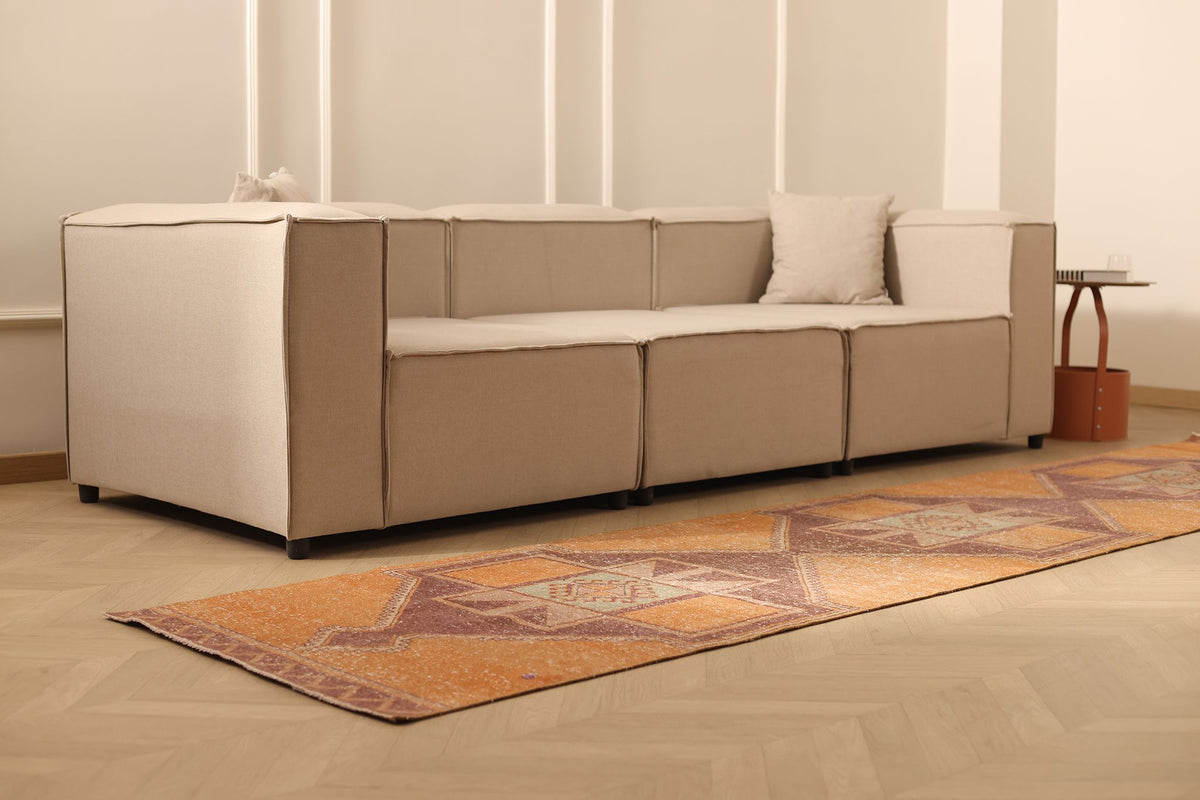 Vintage Malatya Turkish Runner Rug 3x12 ft — Orange & Brown Geometric