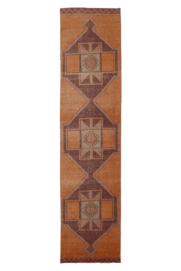 Vintage Malatya Turkish Runner Rug 3x12 ft — Orange & Brown Geometric