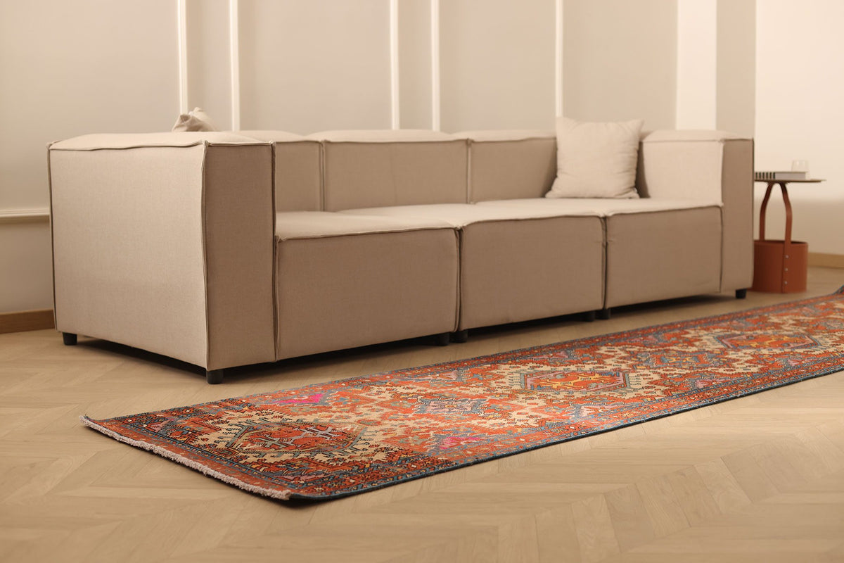 Vintage Southeastern Persian Style Runner Rug 3x12 ft — Red & Beige Geometric