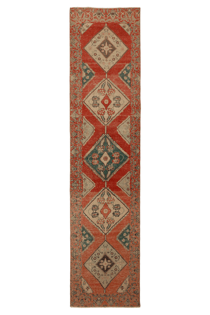 Vintage Southeastern Persian Style Runner Rug 3x12 ft — Red & Green Geometric