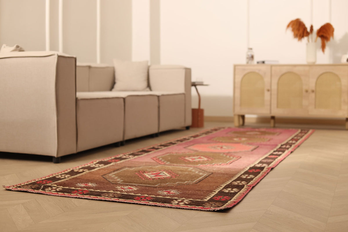 Vintage Malatya Turkish Runner Rug 4x13 ft — Red & Brown Geometric