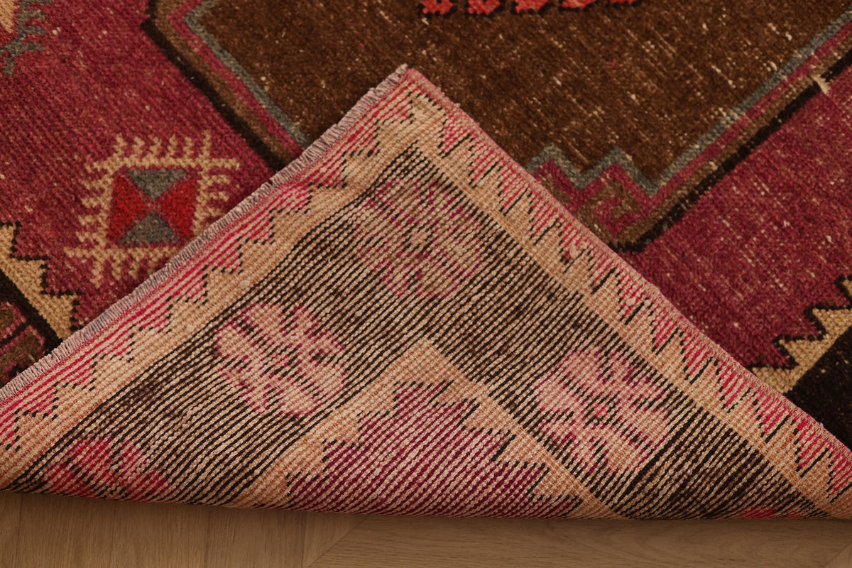 Vintage Malatya Turkish Runner Rug 4x13 ft — Red & Brown Geometric