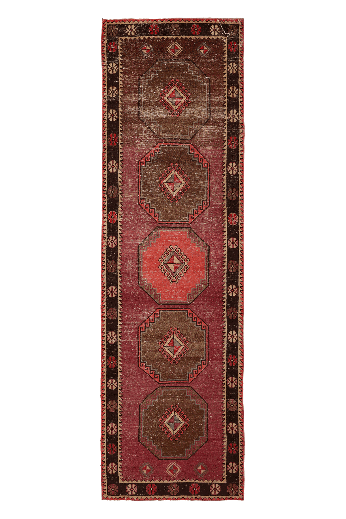 Vintage Malatya Turkish Runner Rug 4x13 ft — Red & Brown Geometric