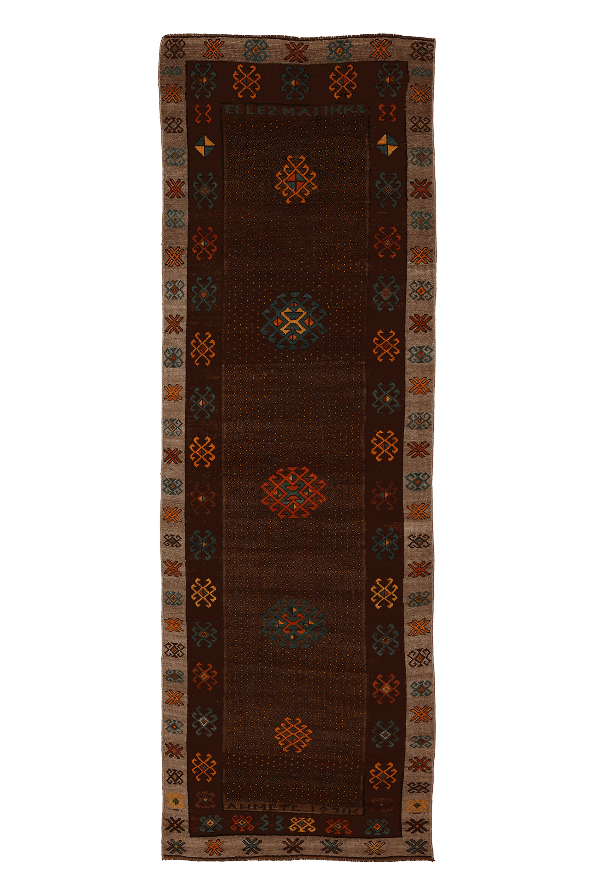Vintage Kars Turkish Runner Rug 3x10 ft — Brown & Beige Geometric
